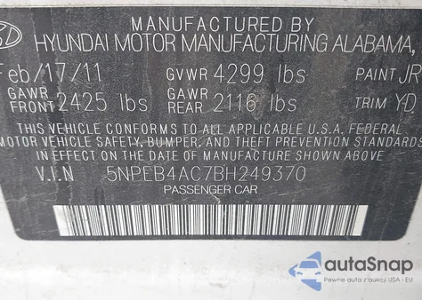 2011 Hyundai Sonata Gls из США, поврежденный, VIN 5NPEB4AC7BH249370